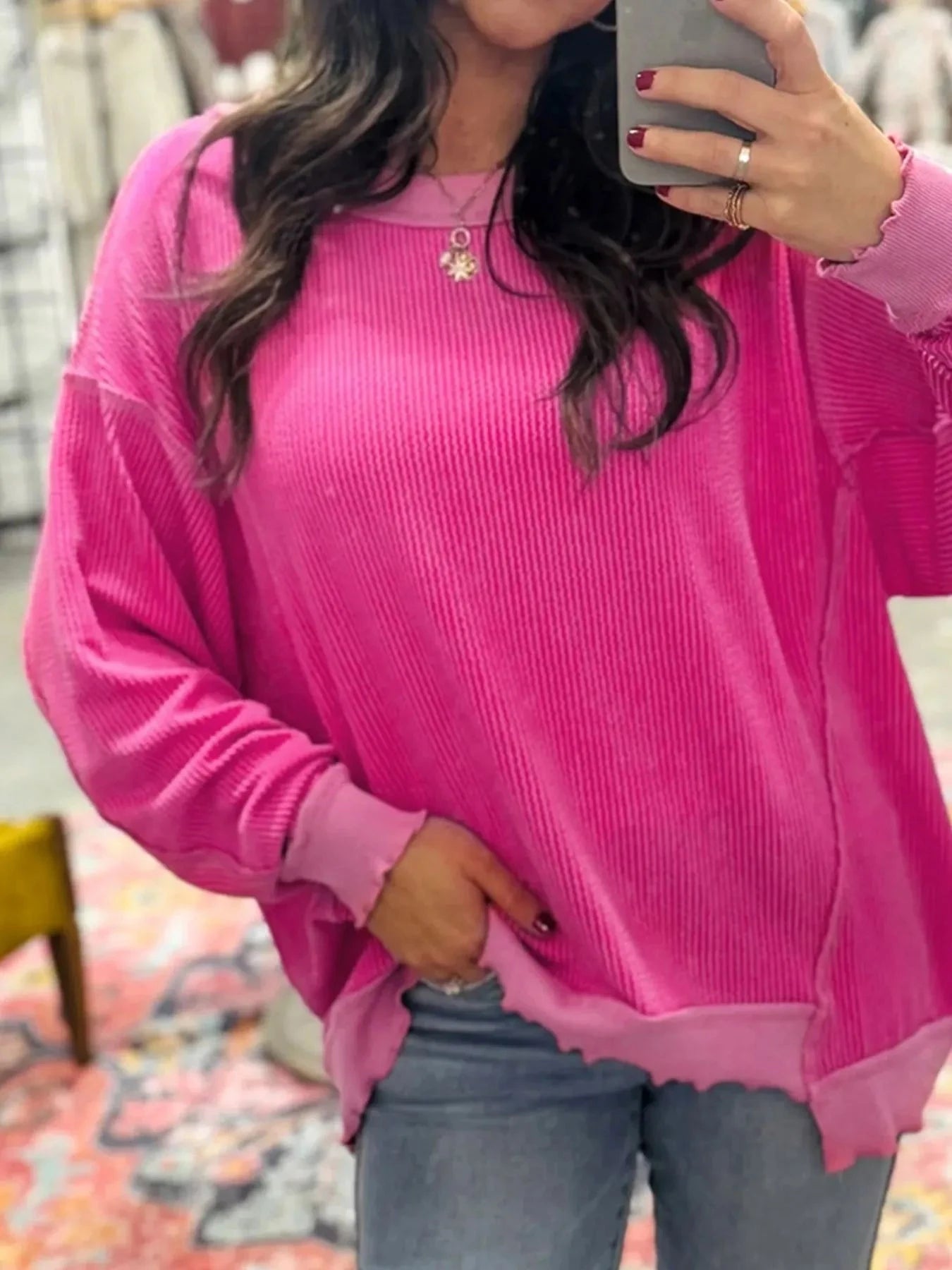 Twisted Rib Uneven Hem Drop Shoulder Loose Sweatshirt