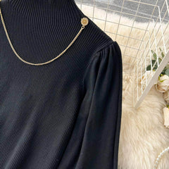 Two-Piece Mock Neck Lantern Sleeves Top Embroidered Skater Skirt