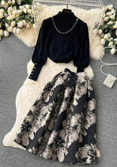 Two-Piece Mock Neck Lantern Sleeves Top Embroidered Skater Skirt