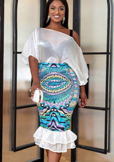 Two-Piece Off-Shoulder Mesh Blouse Patchwork Skirt US 4-6 / White