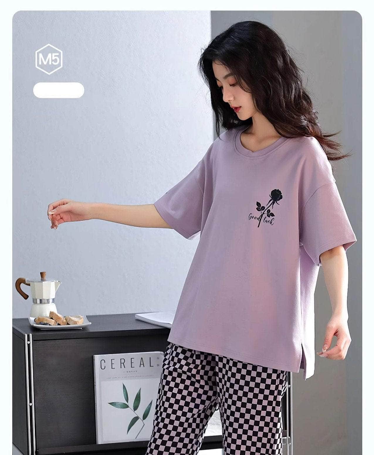 Two Piece Plaid Pants Sleepwear Pajamas Set