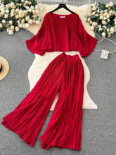 Two-Piece Pleated Flounce Sleeves Top with High Waist Flared Pants MAX SIZE / Red