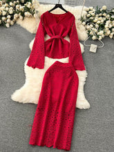 Two Piece Set Embroidered Flared Sleeves Top High Waist Skirt