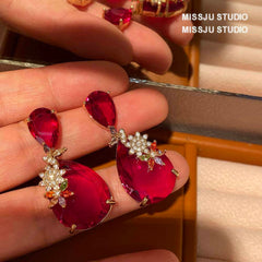 Two Tiered Ruby Crystal Floral Deco Earrings Red