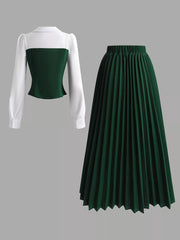 Two Tone Long Sleeve Top and Pleated Skirt Set