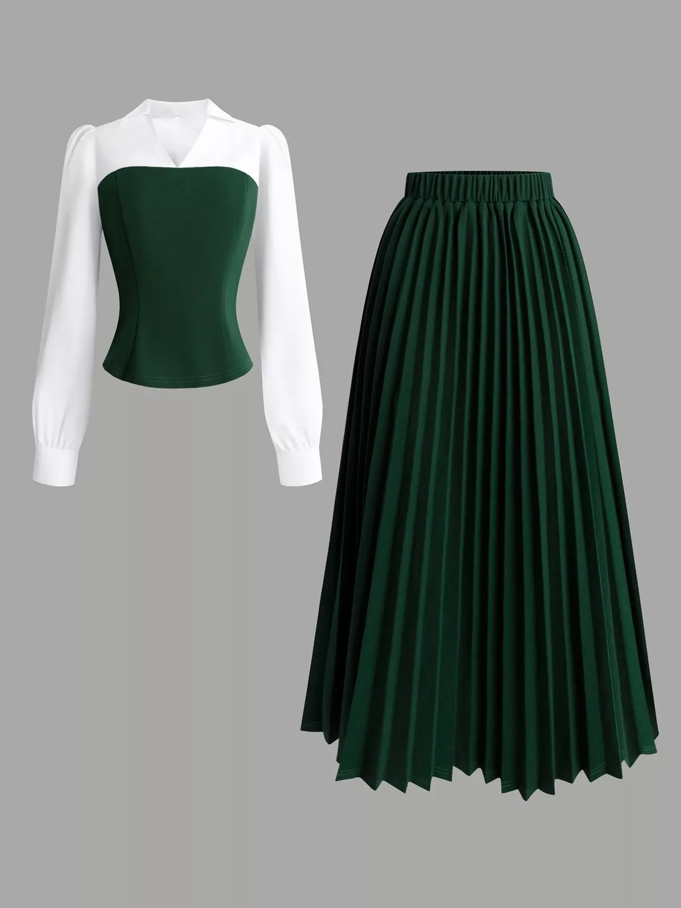 Two Tone Long Sleeve Top and Pleated Skirt Set Black Forest / S