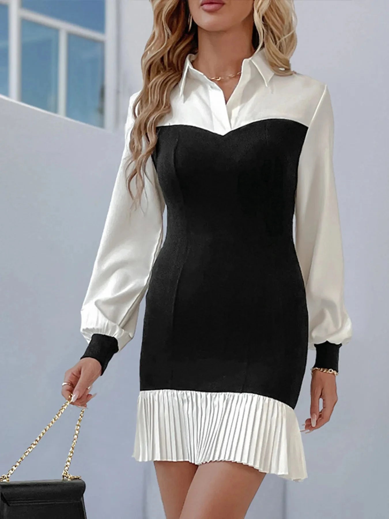 Two Tone Pleated Long Sleeve Shirt Dress