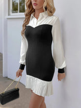 Two Tone Pleated Long Sleeve Shirt Dress Black White / S