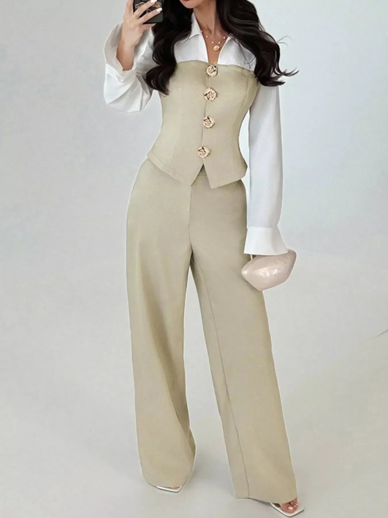 Two Tone Shirt and Wide Leg Pants Set