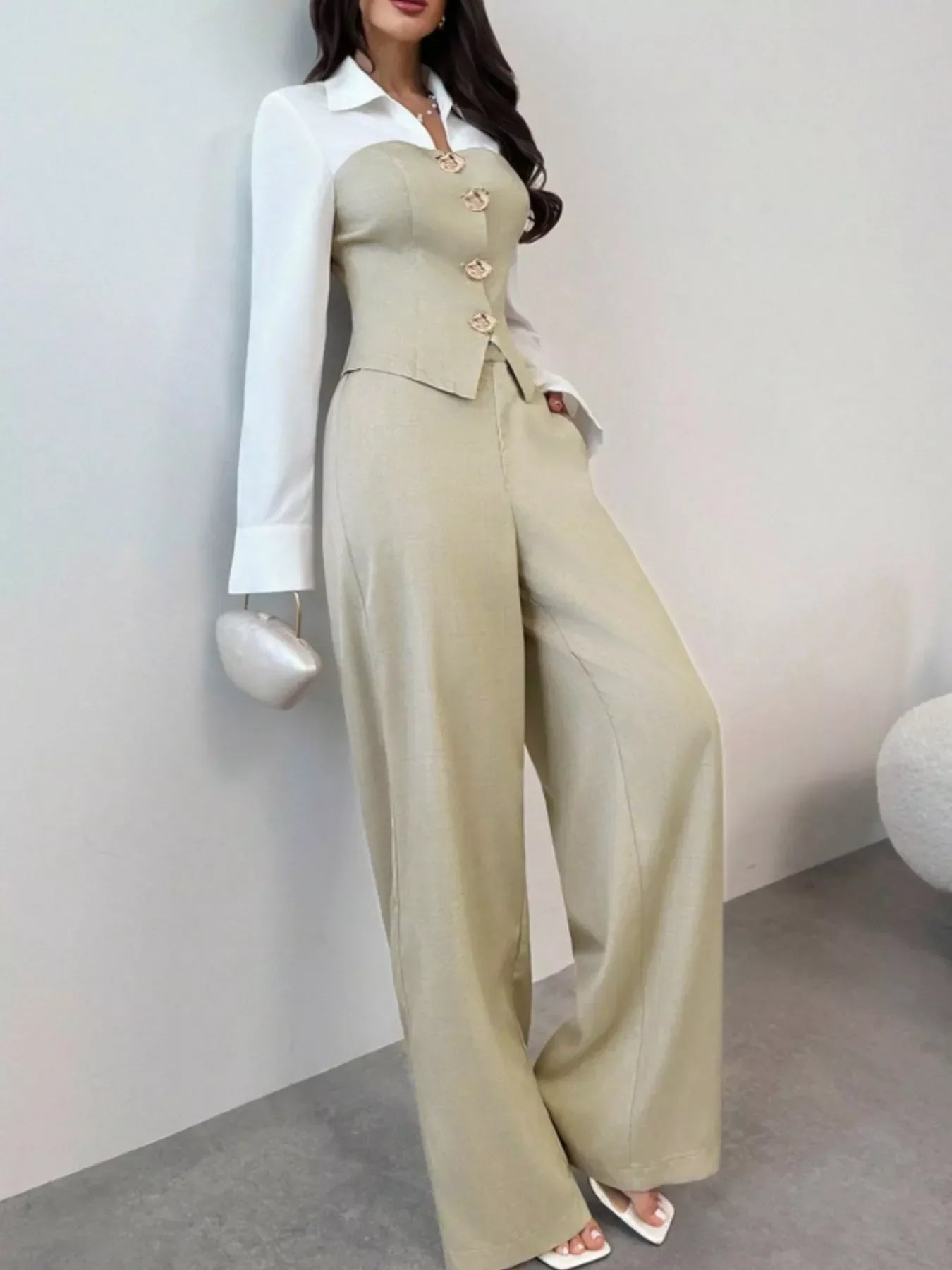 Two Tone Shirt and Wide Leg Pants Set Beige / S