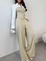 Two Tone Shirt and Wide Leg Pants Set Beige / S