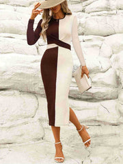 Two Tone Slit Round Neck Long Sleeve Midi Dress