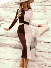 Two Tone Slit Round Neck Long Sleeve Midi Dress Brown / L