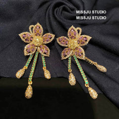Two-Toned Gemstone Floral Shaped Tassel Gold Earrings Pink