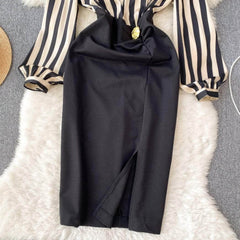 Two Toned Gold Button Accented Bodycon Dress