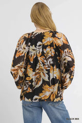 Umgee Autumn Leaf Print Balloon Sleeve Blouse