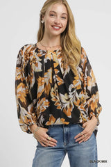 Umgee Autumn Leaf Print Balloon Sleeve Blouse BLACK MIX / S