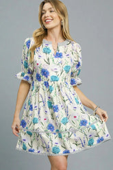 Umgee BabyDoll Floral Striped Hem Mini Dress Pastel Blue / S