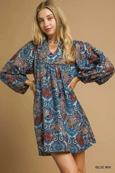 Umgee Boho Mix Paisley Babydoll Dress BLUE MIX / S
