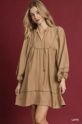 Umgee Boho Peasant Mini Dress with Trim Detail LATTE / S