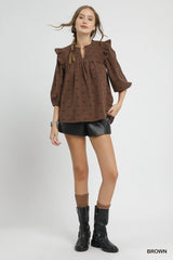 Umgee Bow Print Corduroy Puff Sleeve Blouse with Ruffled