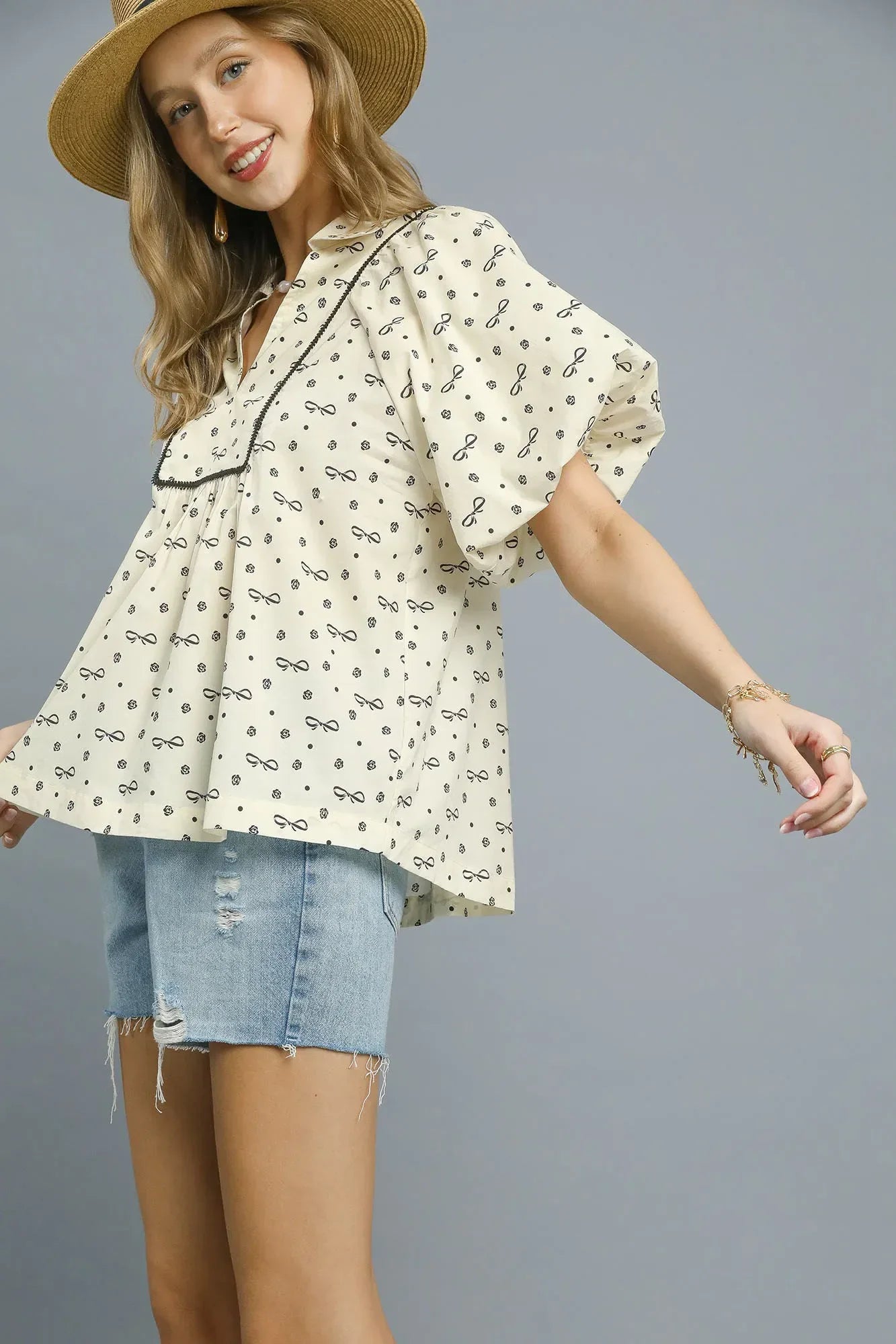 Umgee Bow Print Puff Sleeve Blouse