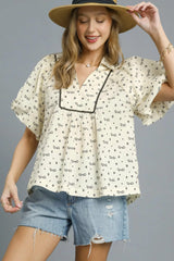 Umgee Bow Print Puff Sleeve Blouse