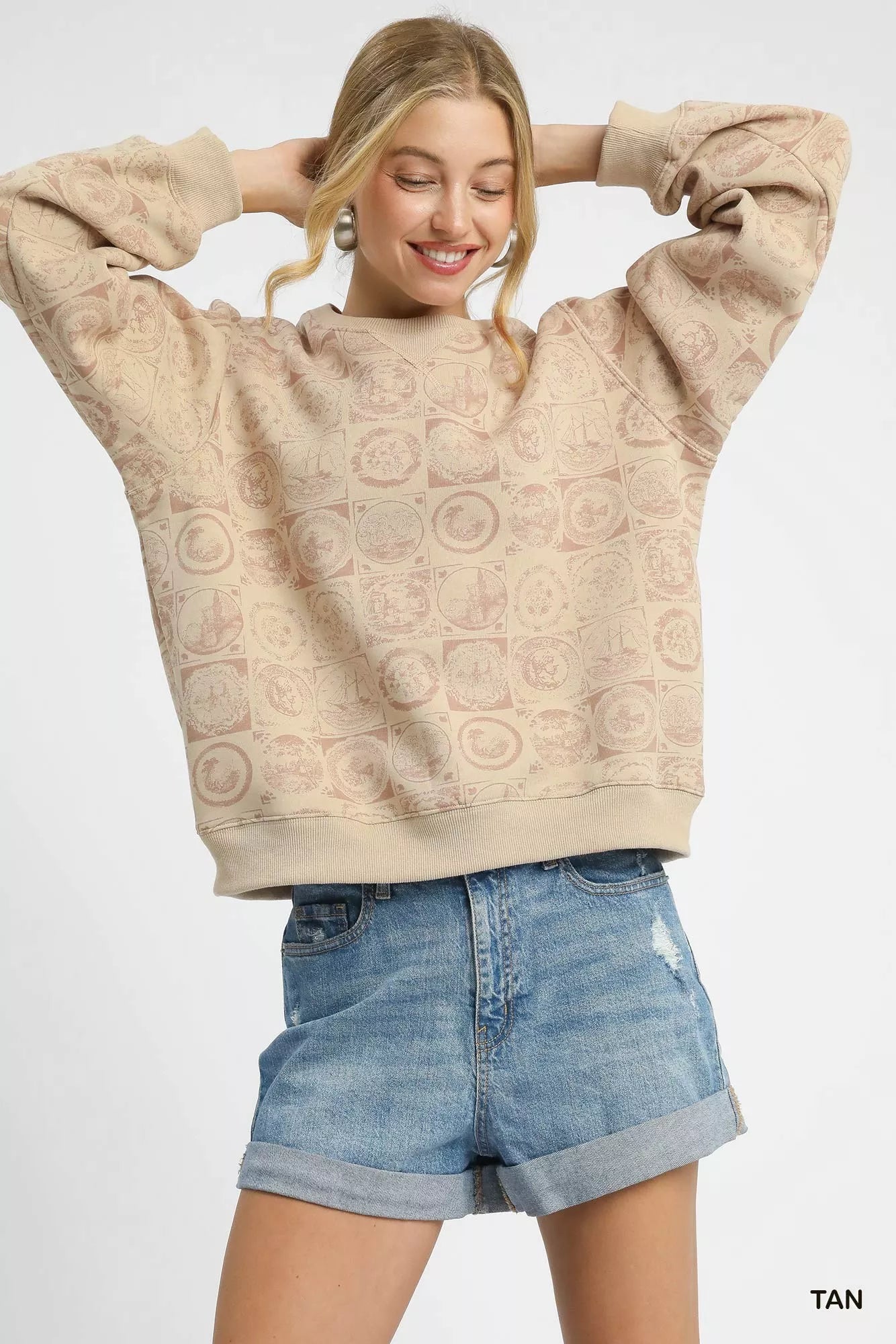 Umgee Coin Stamp Print Sweatshirt TAN / S