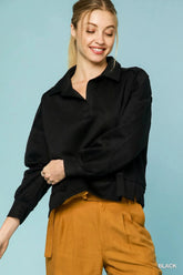 Umgee Collared Neck Long Sleeve Top with Raw Hem Detail Black / S