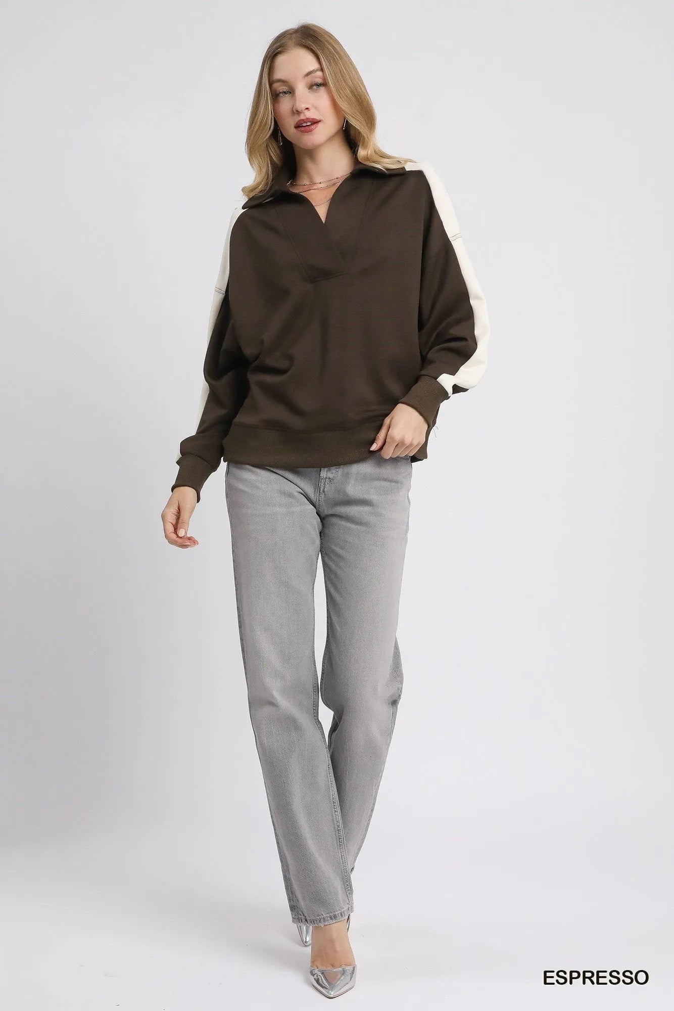 Umgee Color Block Polo Sweatshirt