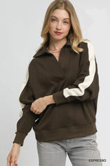 Umgee Color Block Polo Sweatshirt ESPRESSO / XS