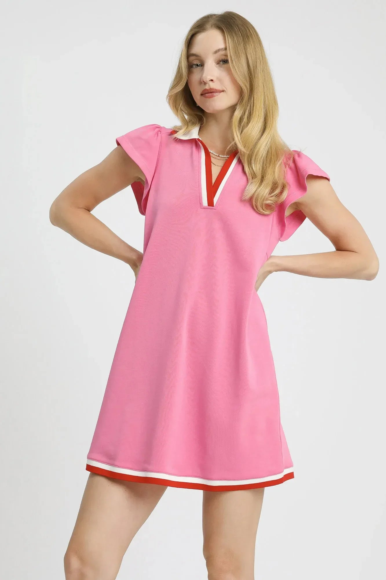 Umgee Contrast Trim Cap Sleeve Mini Dress Pink / S