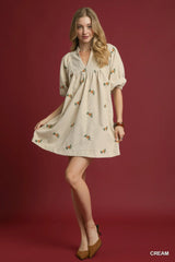 Umgee Corduroy Babydoll Dress with Floral Embroidery