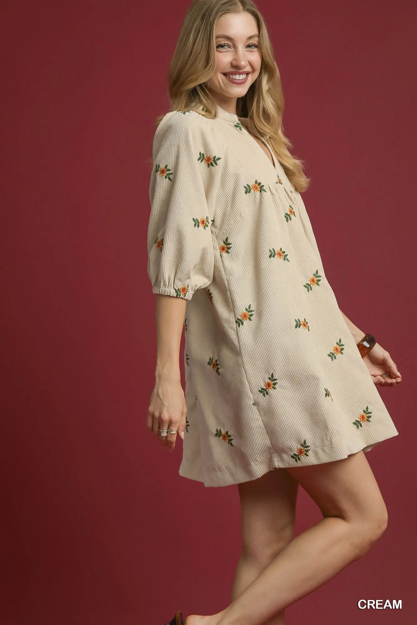 Umgee Corduroy Babydoll Dress with Floral Embroidery