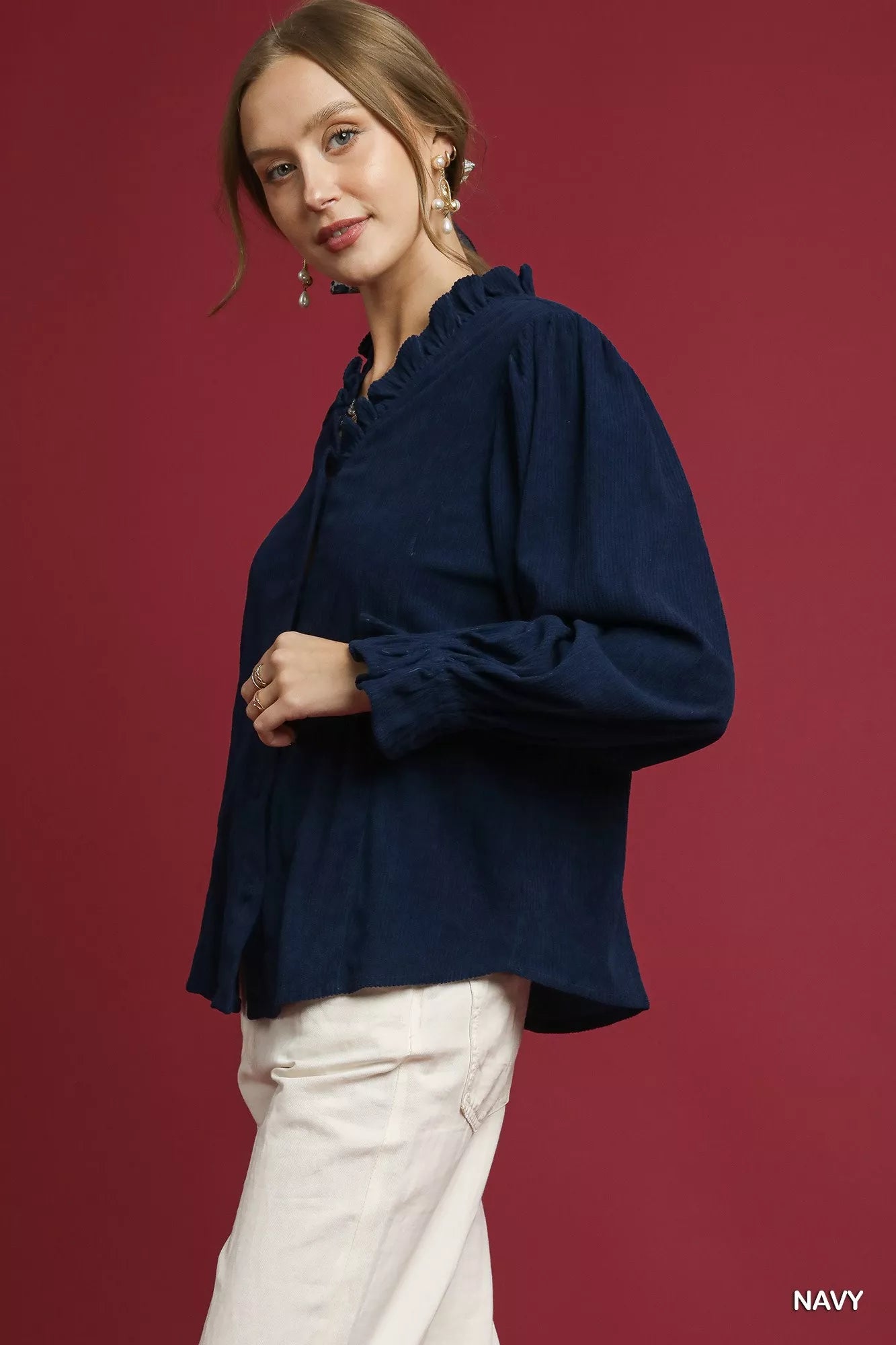 Umgee Corduroy Ruffle Shirt with Long Puff Sleeves