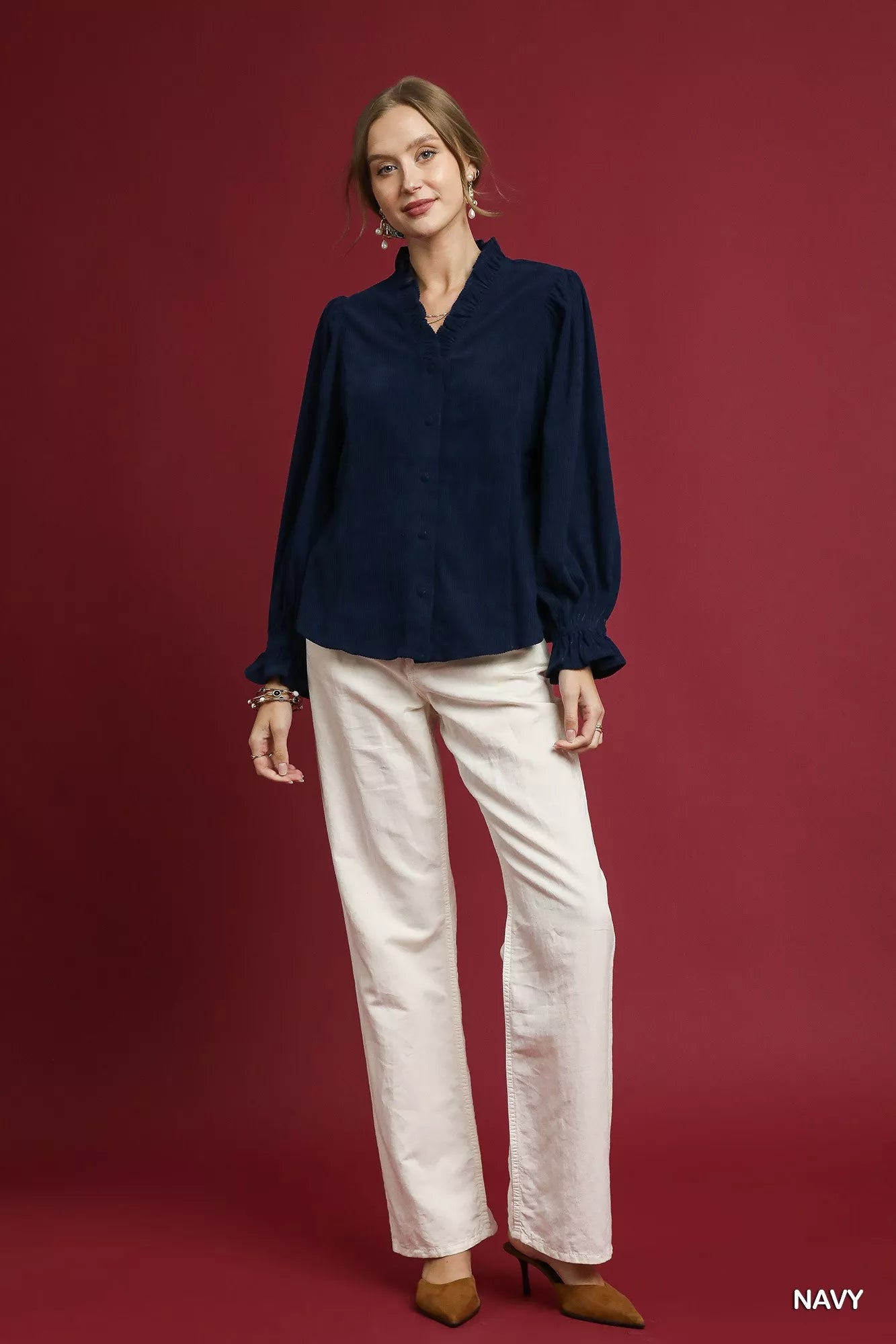 Umgee Corduroy Ruffle Shirt with Long Puff Sleeves
