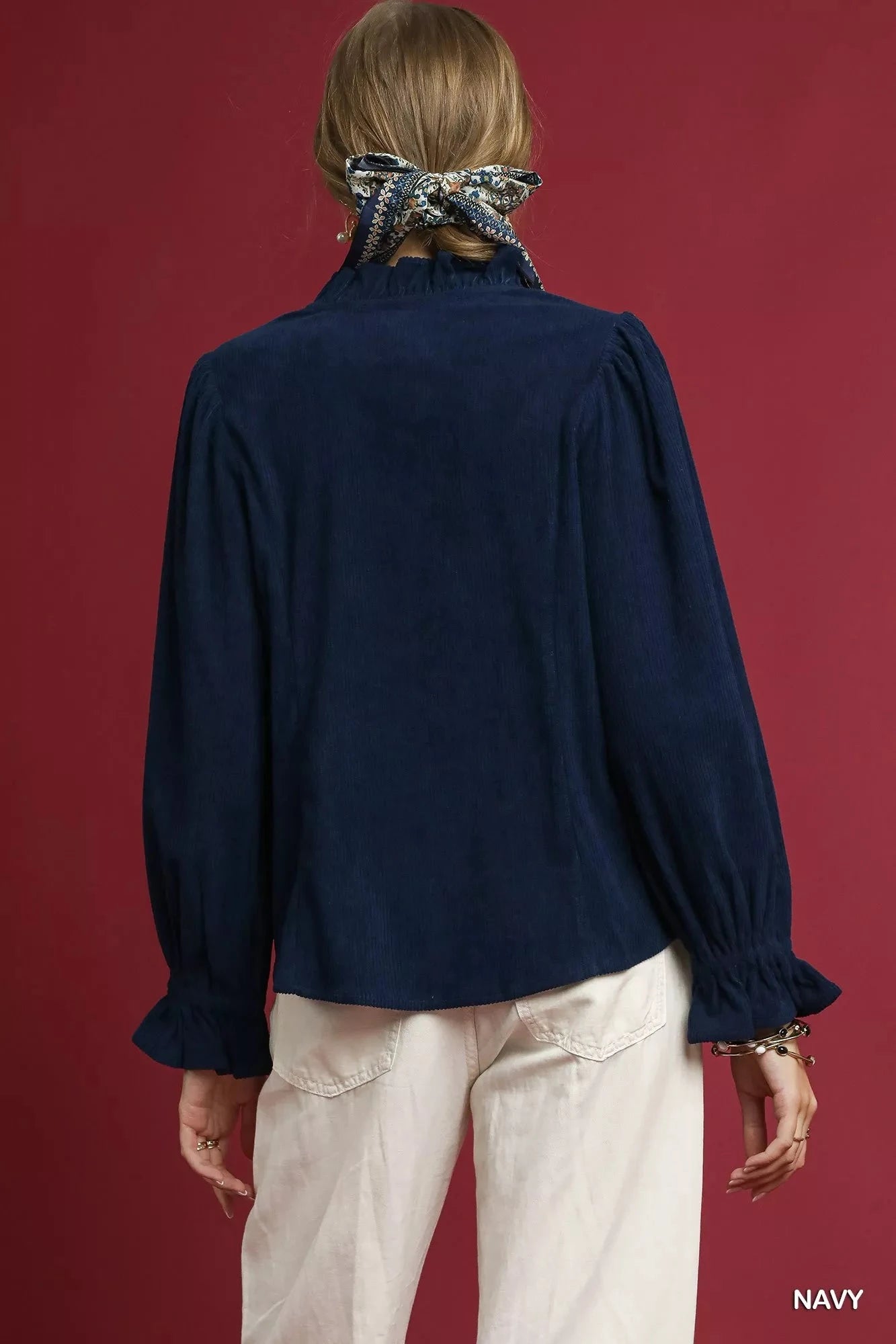 Umgee Corduroy Ruffle Shirt with Long Puff Sleeves