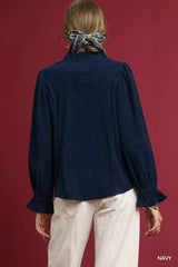 Umgee Corduroy Ruffle Shirt with Long Puff Sleeves