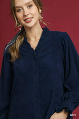 Umgee Corduroy Ruffle Shirt with Long Puff Sleeves