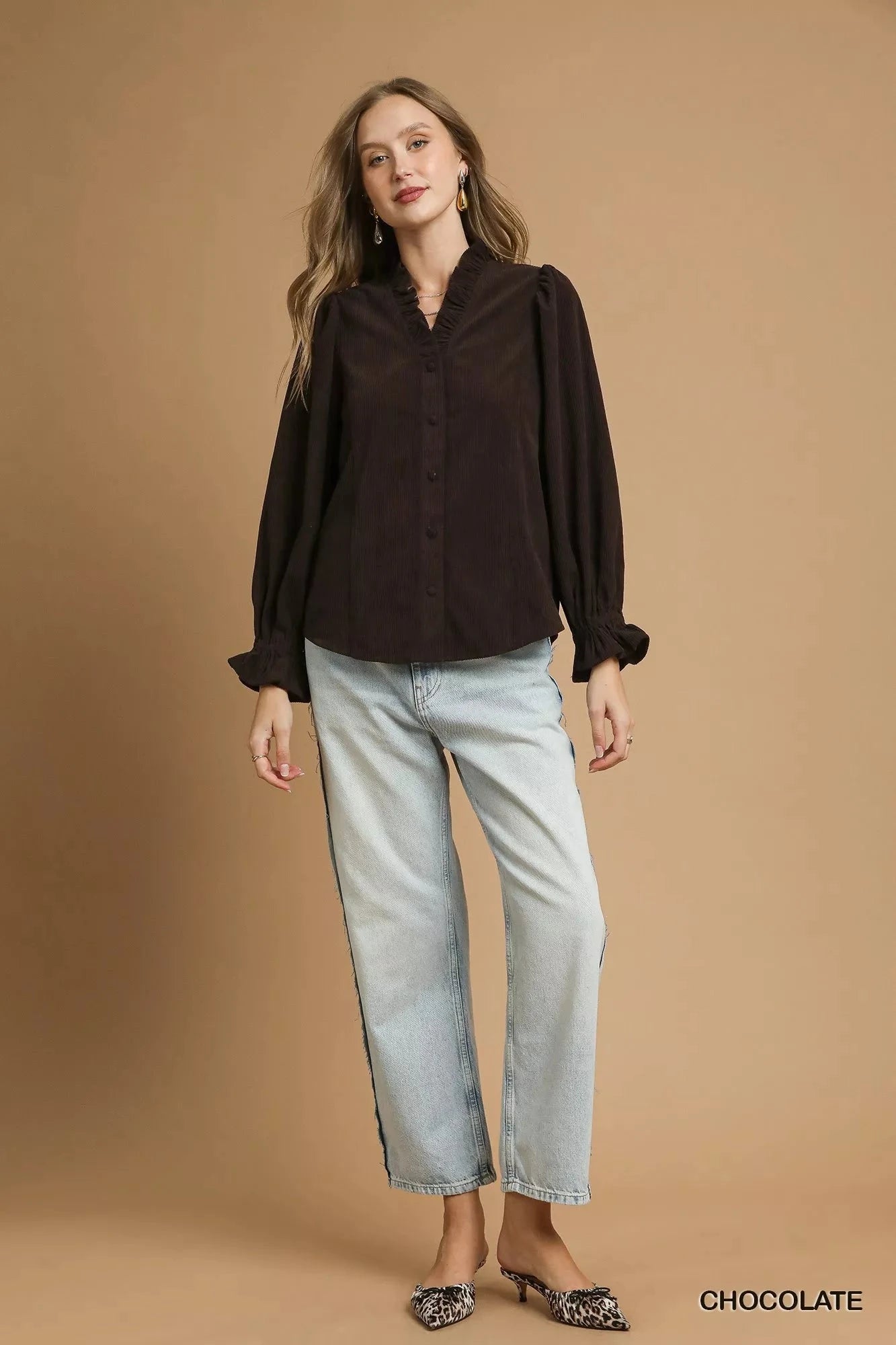 Umgee Corduroy Ruffle Shirt with Long Puff Sleeves