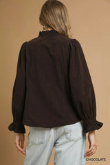 Umgee Corduroy Ruffle Shirt with Long Puff Sleeves