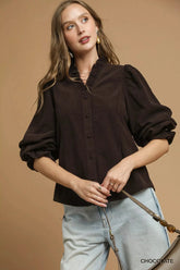 Umgee Corduroy Ruffle Shirt with Long Puff Sleeves CHOCOLATE / S