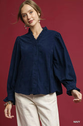 Umgee Corduroy Ruffle Shirt with Long Puff Sleeves Navy / S