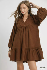 Umgee Corduroy Tiered Babydoll Dress Brown / S