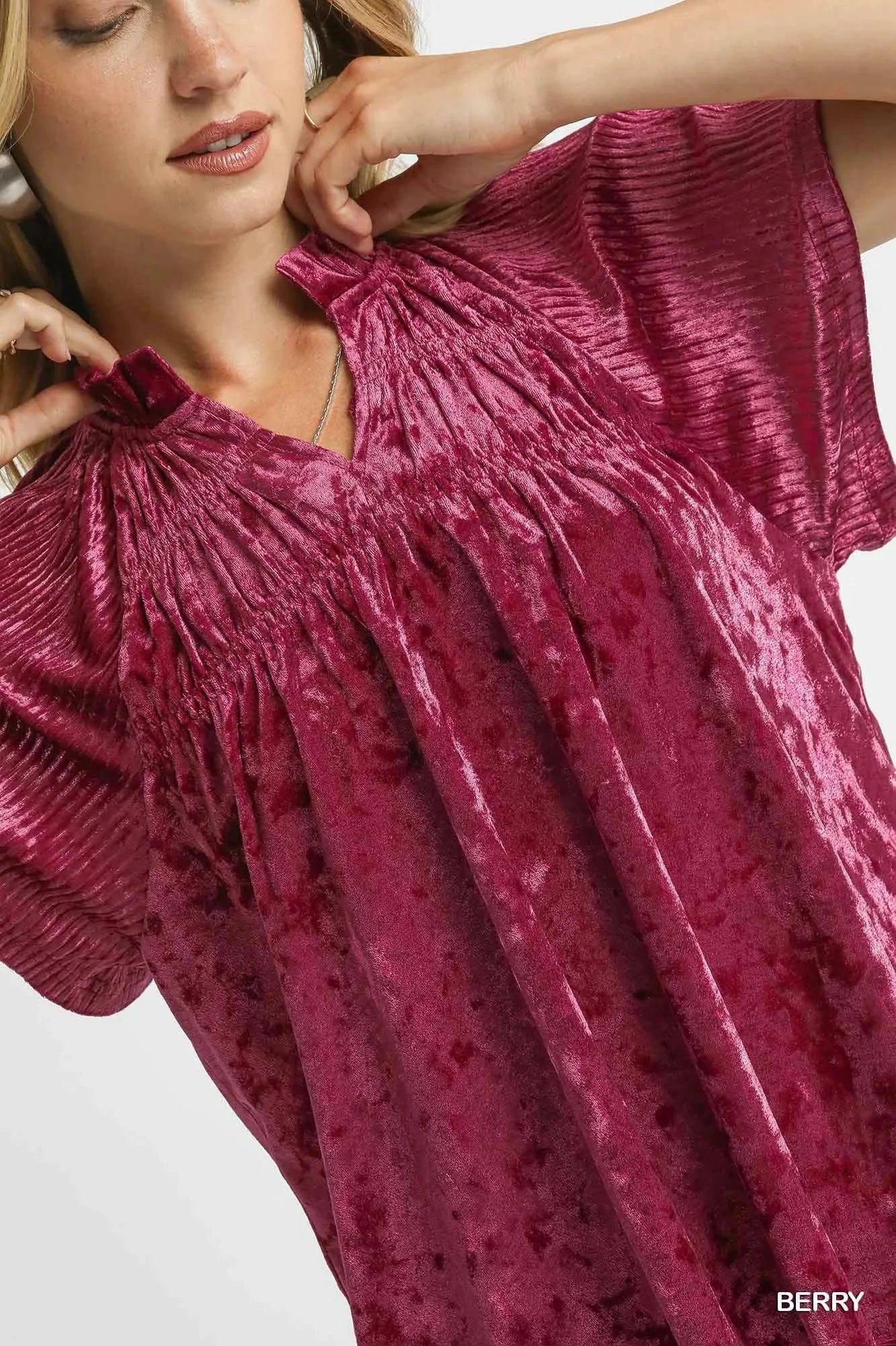 Umgee Crushed Velvet Pleated Blouse