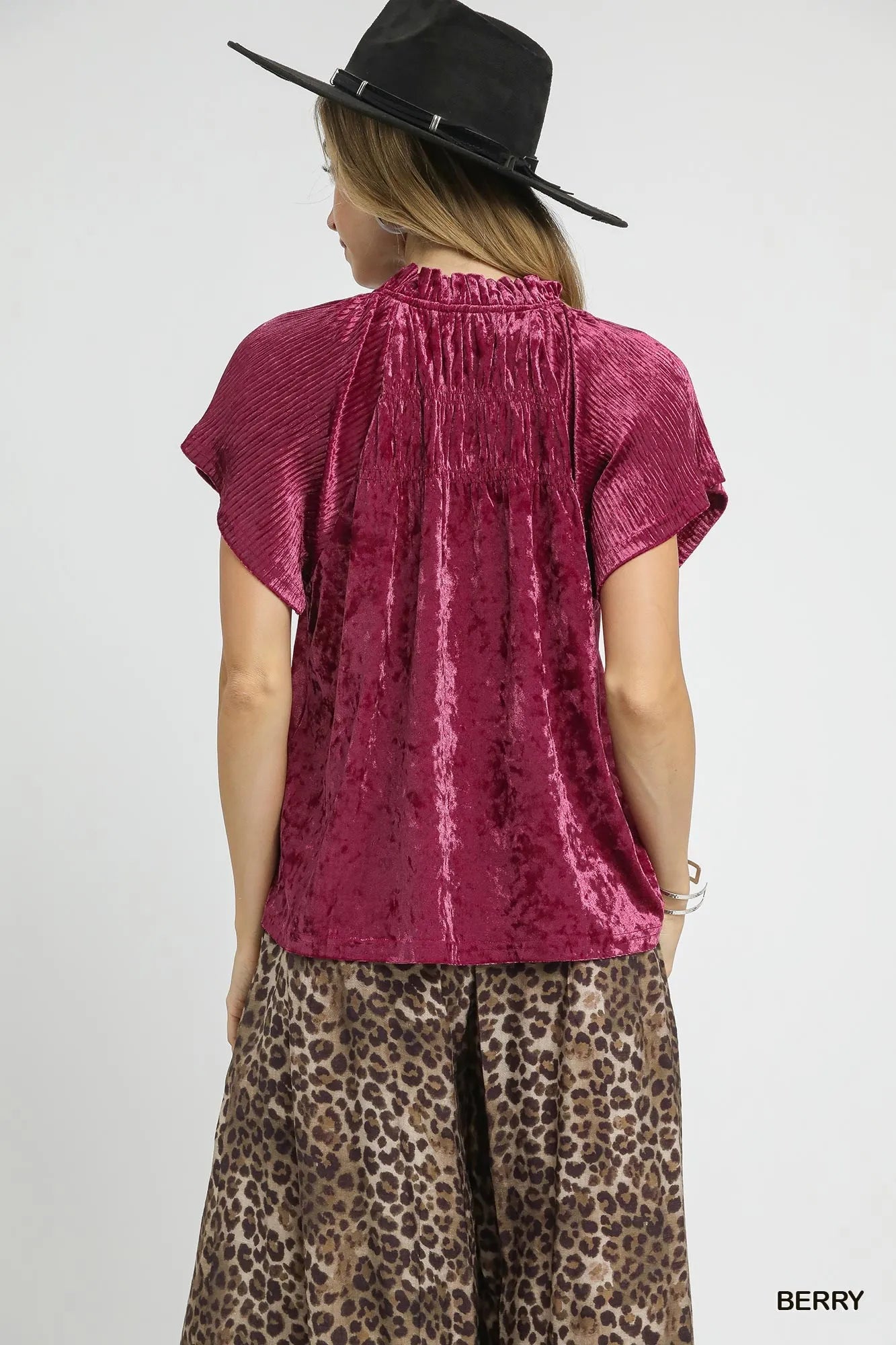 Umgee Crushed Velvet Pleated Blouse