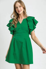 Umgee Double Ruffle Sleeve Fit and Flare Dress Dark Green / S