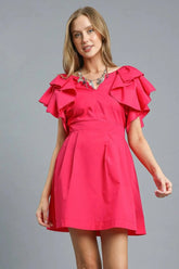 Umgee Double Ruffle Sleeve Fit and Flare Dress Deep Rose / S