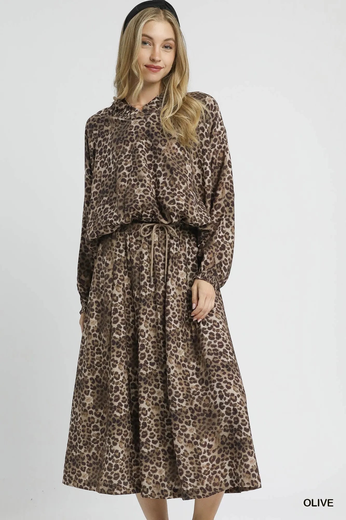 Umgee Drawstring Leopard Midi Skirt