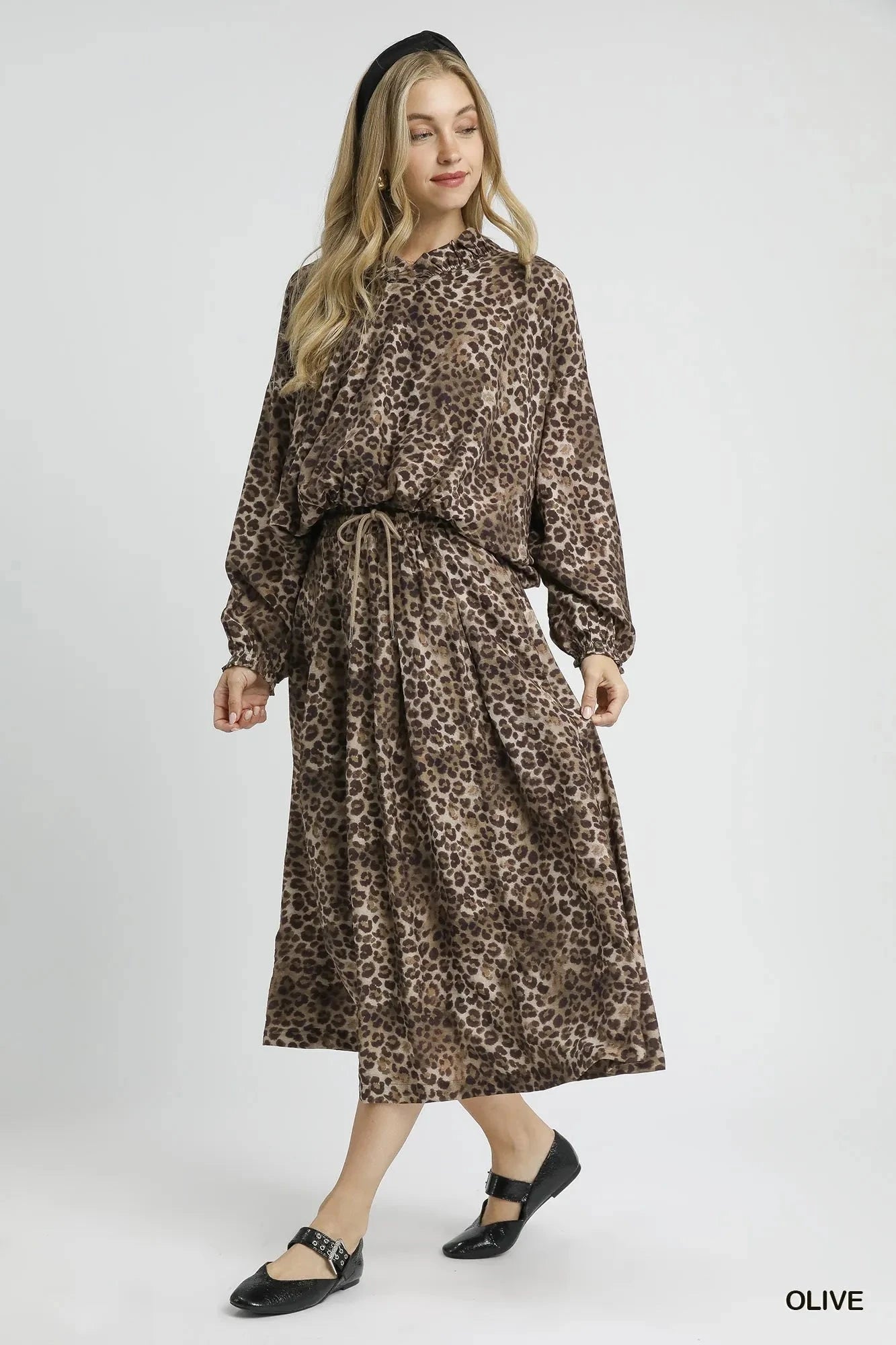 Umgee Drawstring Leopard Midi Skirt
